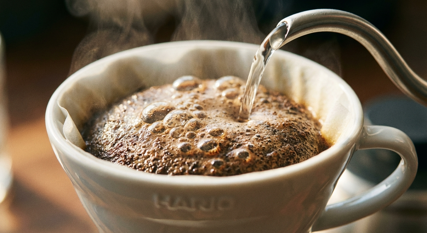 Close-up of coffee blooming in a Hario V60 pour over dripper with CO2 bubbles rising from fresh grounds