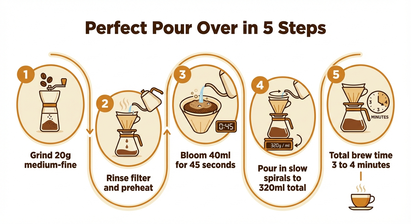 Infographic: Perfect pour over coffee in 5 steps — grind, rinse, bloom, pour, brew time guide
