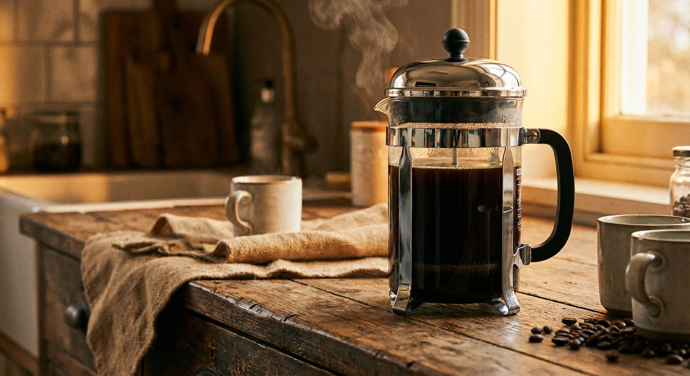Bodum Chambord French press with chrome frame and borosilicate glass carafe filled with freshly brewed coffee