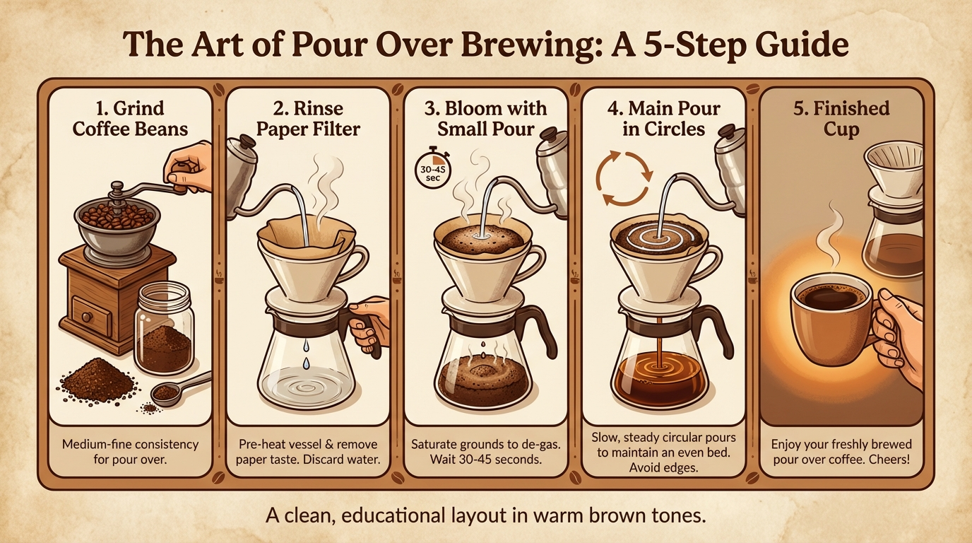 Step-by-step pour over brewing infographic showing grind, rinse, bloom, pour, and serve stages