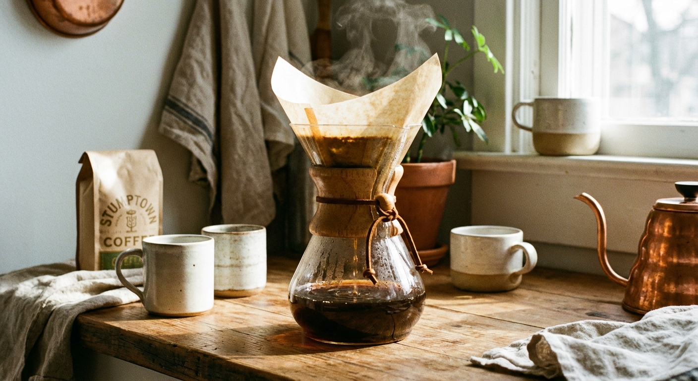 Chemex 6-cup classic pour over brewer with wooden collar and leather tie on a kitchen counter