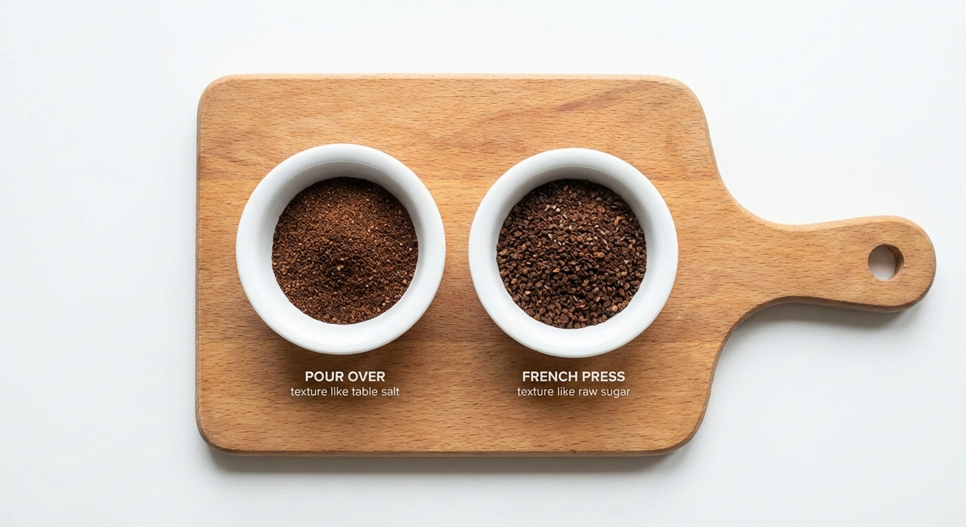 Coffee grind size comparison showing medium-fine grind for pour over next to coarse grind for French press