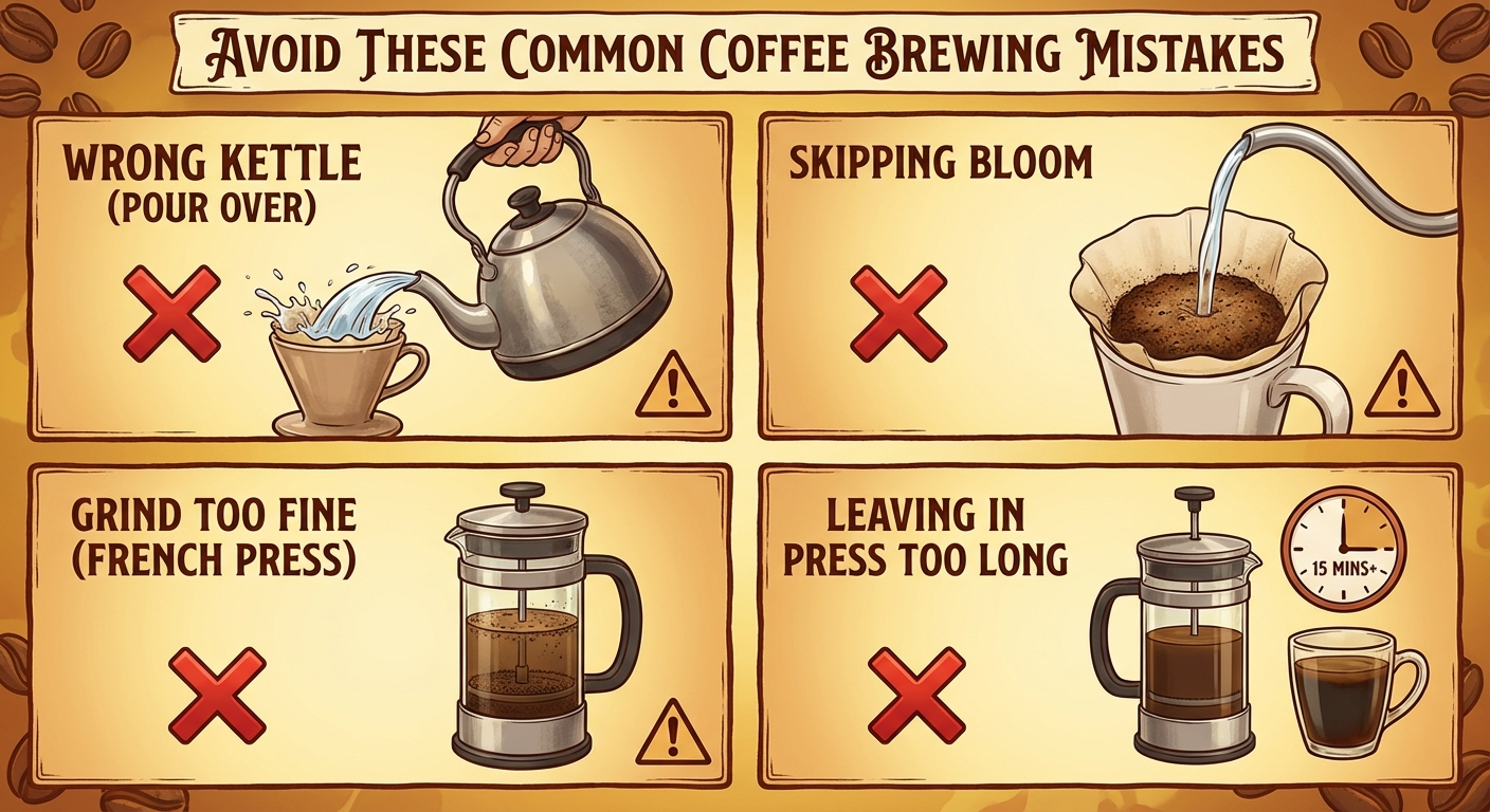 Infographic showing the top 4 mistakes for pour over and French press brewing with visual tips
