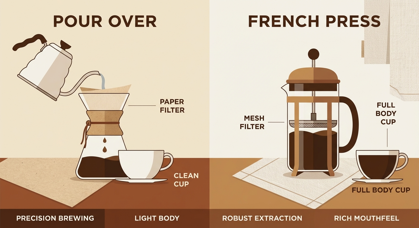 Infographic comparing pour over vs French press: brew time, grind size, body, clarity, and cost at a glance