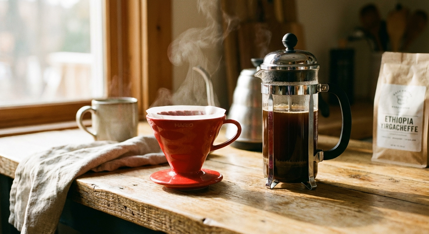 Pour over dripper and French press side by side on a wooden counter with freshly brewed coffee
