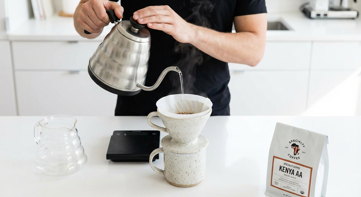 Rinsing the paper filter with hot water before brewing — removes paper taste and preheats the dripper