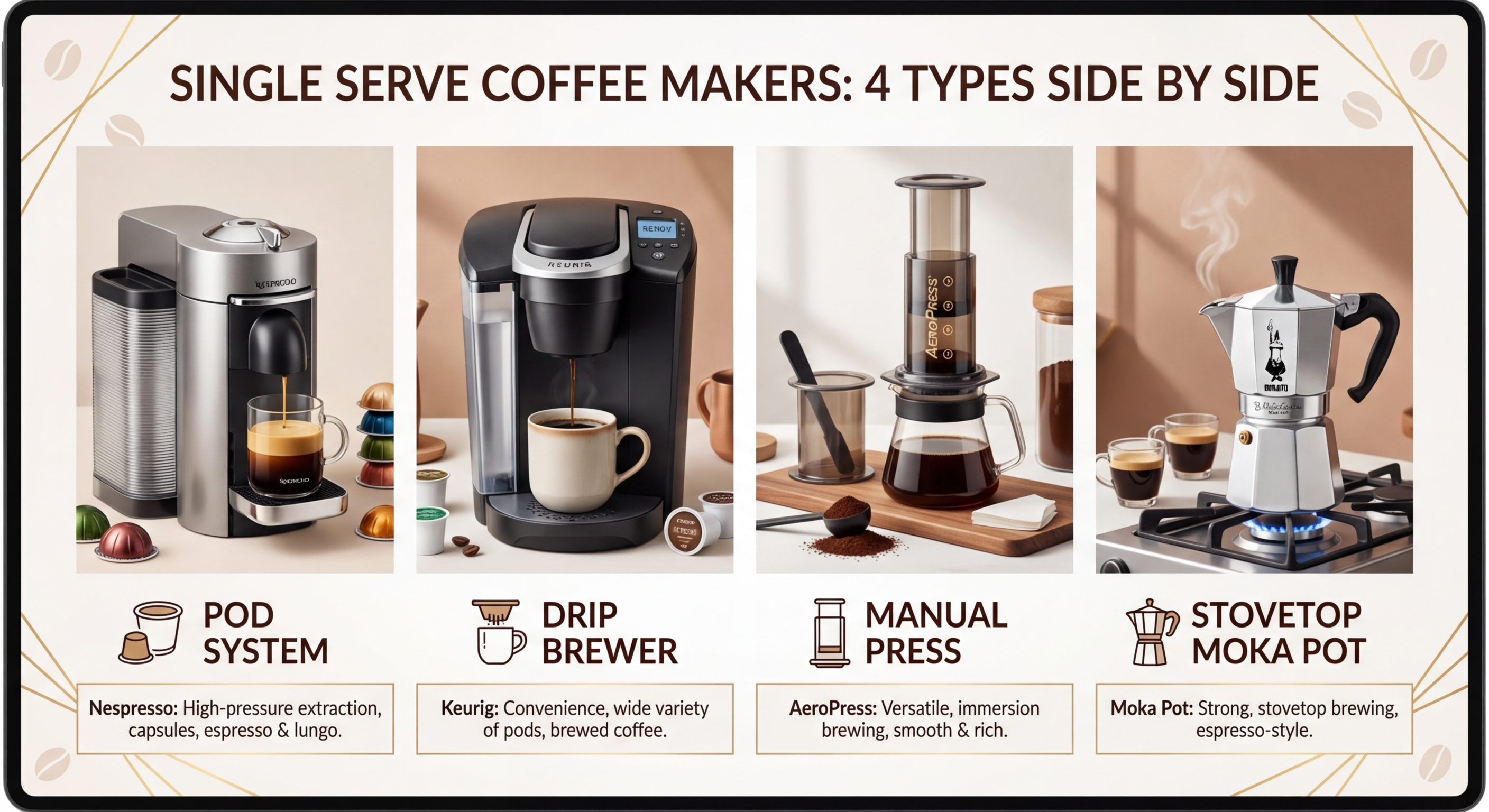 Infographic: Types of single serve coffee makers — pod systems, espresso machines, pour-over, and manual options compared by convenience and cost