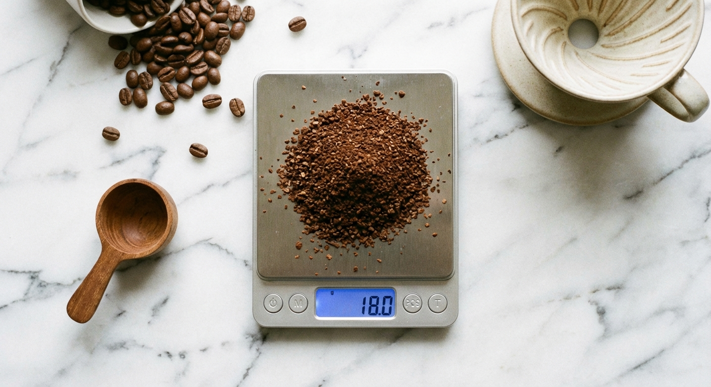 Weighing 18 grams of fresh coffee grounds on a digital scale for a precise dose