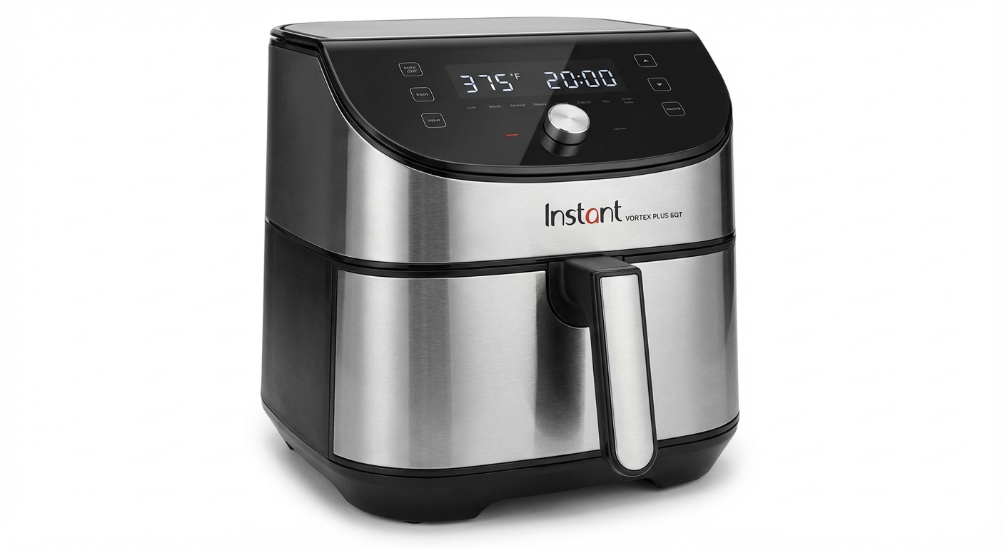 A large 10-quart air fryer basket pulled open on a granite kitchen counter, showing a full rotisser