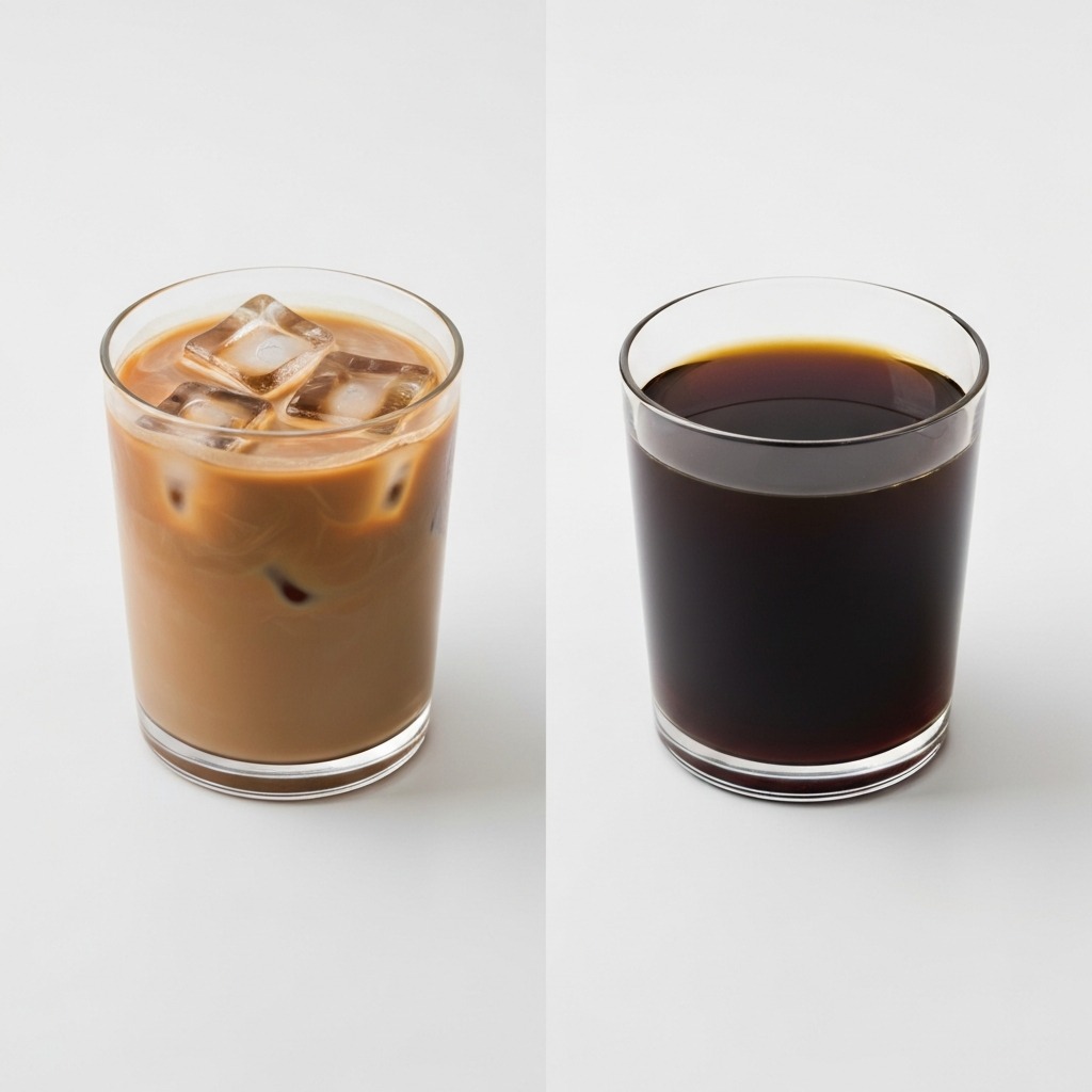 A side-by-side comparison of iced coffee on the left, which is lighter brown, and cold brew on the right, which is much darker.
