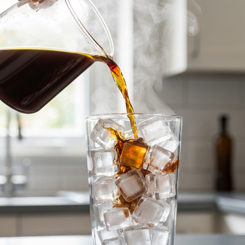 Hot coffee is being poured from a pot into a tall glass filled with ice cubes, creating a splash.