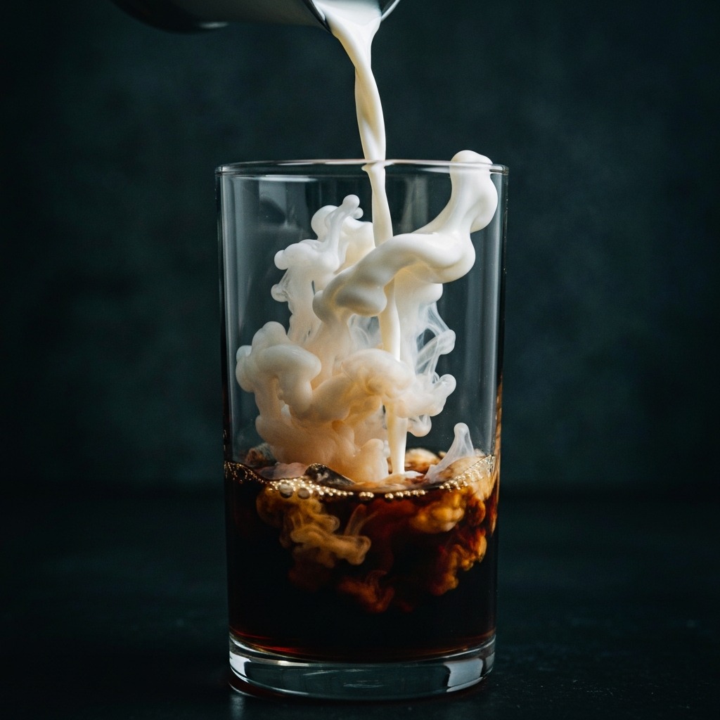 Creamy white milk is shown swirling beautifully as it's poured into a glass of dark cold brew coffee.