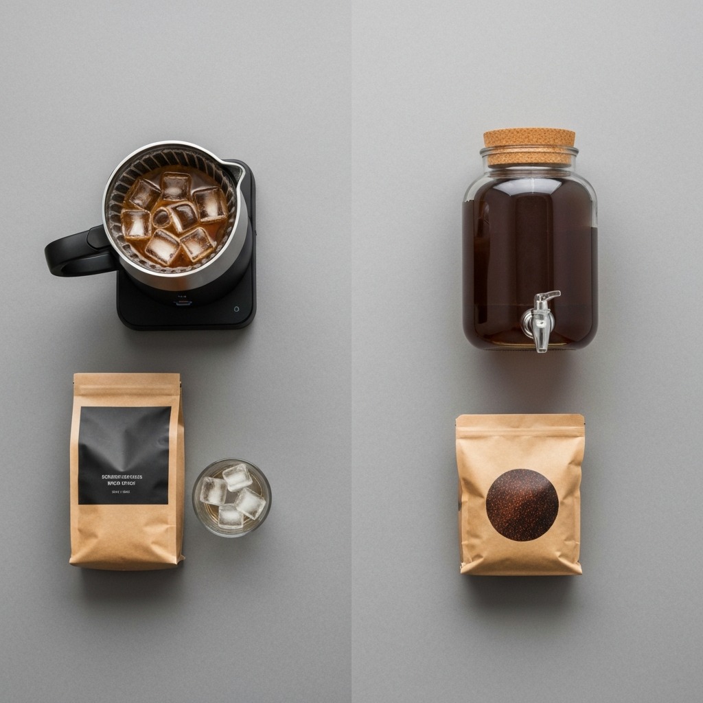 A flat lay showing the different equipment for iced coffee (drip machine) versus cold brew (steeping jar).