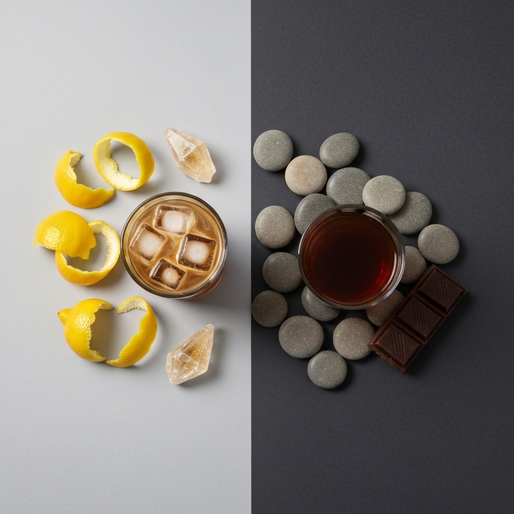 A conceptual image showing bright lemon peels next to iced coffee and smooth chocolate next to cold brew to represent their flavors.