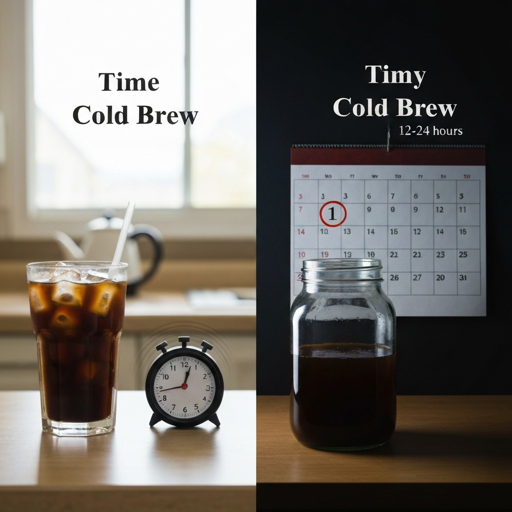 A conceptual image showing a kitchen timer next to iced coffee and a large calendar next to cold brew, illustrating the time difference.