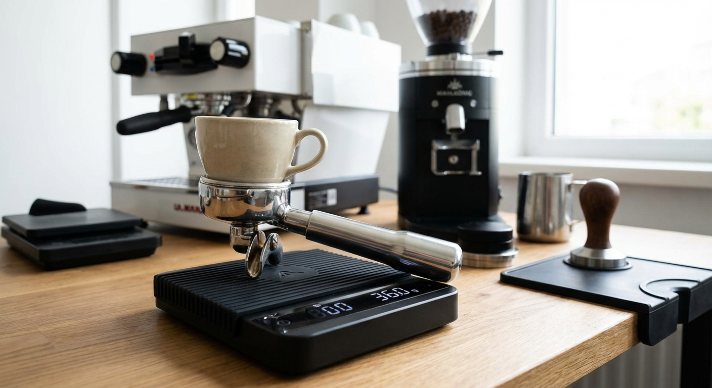 Infographic diagram showing the four espresso variables: dose, grind size, yield, and time connected by arrows