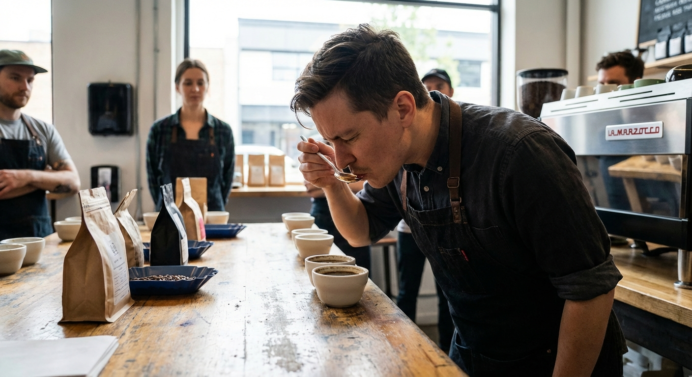 Barista tasting espresso shot and making notes for dial-in adjustments